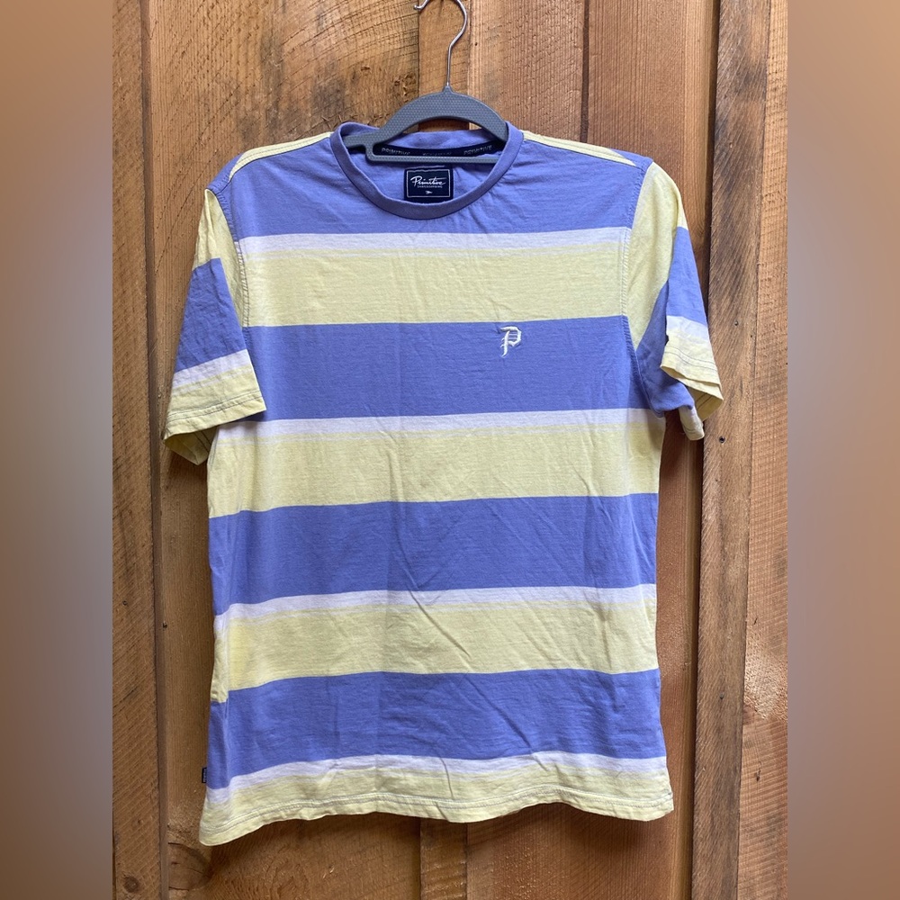 Primitive Skateboarding Striped T-Shirt Small‎ Yellow Blue White 100% Cotton